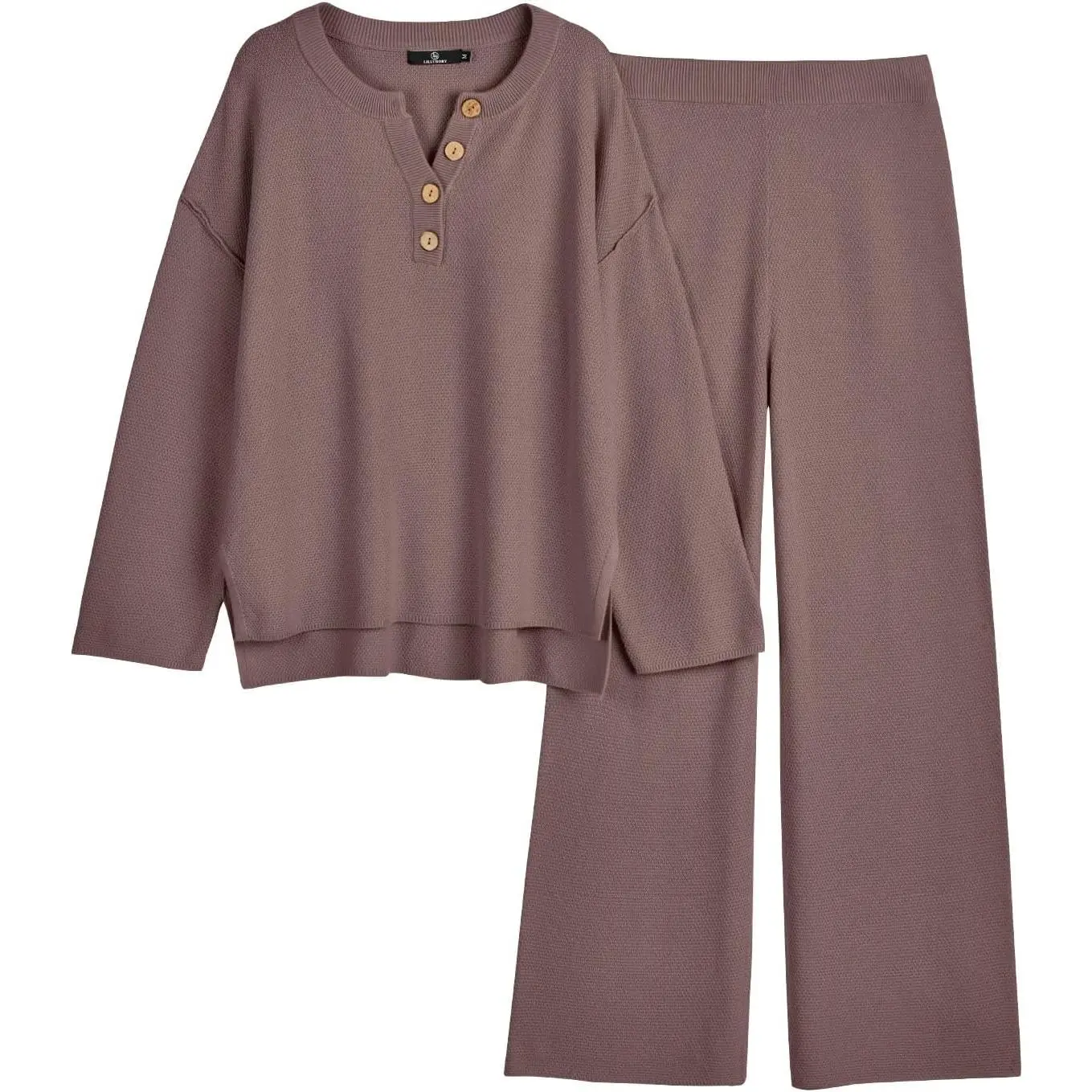 Women's 2-Piece Chic Long Sleeve Knit Loungewear Set - Matching Slouchy Sweater with Button Accents, Elastic Fit, for Casual Indoor Recreation Use
