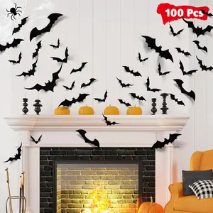 Halloween Bat Decorations: 100pcs 3D PVC Bat Wall Decals for Spooky Halloween Decor – Perfect for Indoor/Outdoor Party Decorations, Home, Windows, and Doors Set