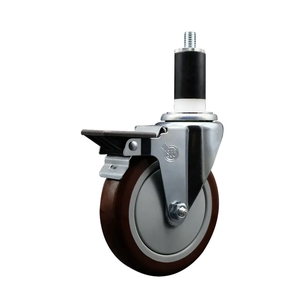 212 MAIN Heavy Duty Lockable Swivel Caster, Service Caster SCC-EX20S514-PPUB-MRN-PLB-138, Polyurethane Expanding Stem with 5 in. Maroon Wheel, 1.38 in. Stem & Posi Locking Brake, Lockable Wheels
