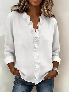 Women's Long Sleeve Cotton Ruffle Shirt Blouse with Wooden Collar, Spring Fashion Top for Women, Casual Wear, Comfortable and Stylish