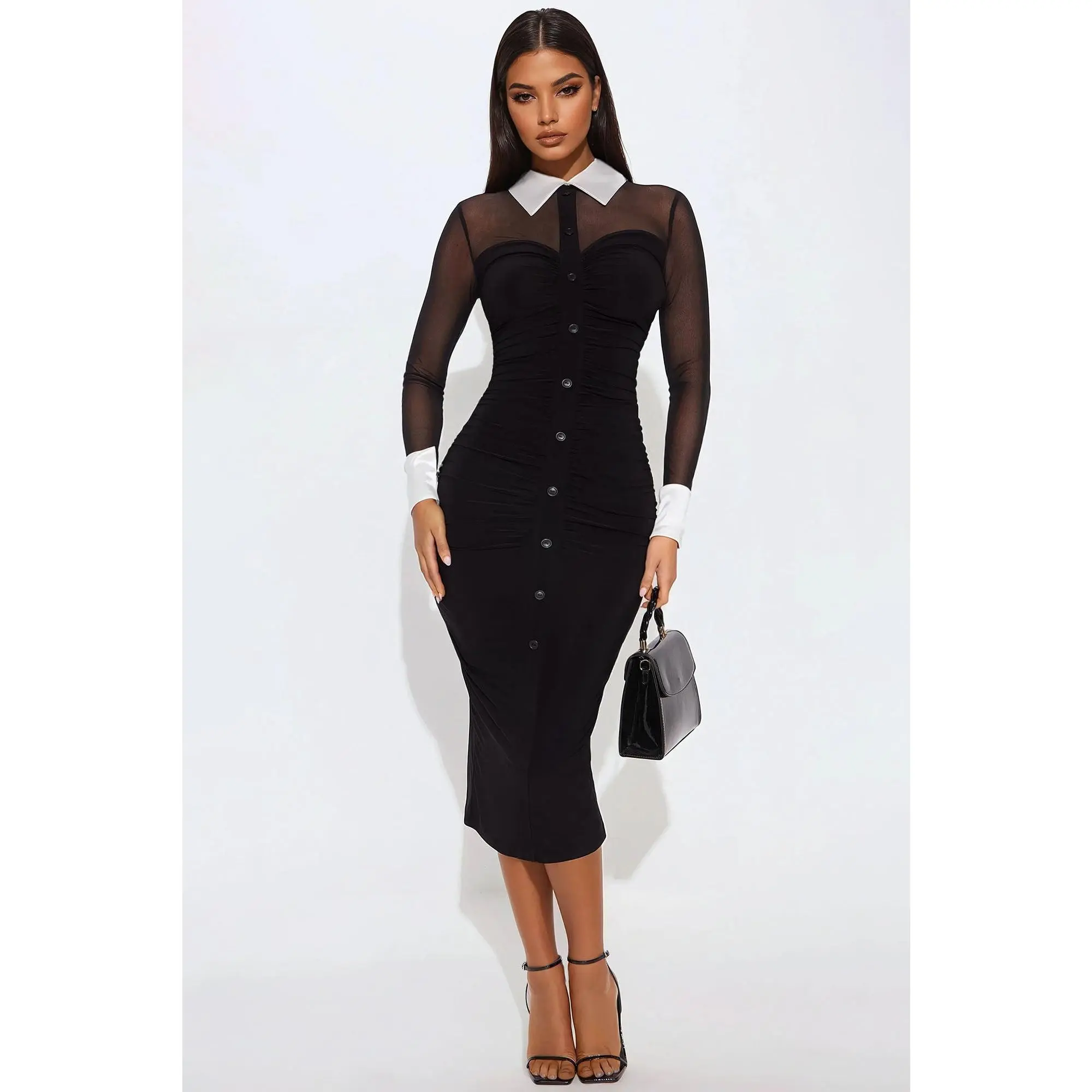 She Means Business Mesh Shirt Midi Dress - Black She Means Business Mesh Shirt Midi Dress - Black