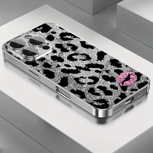 This silver leopard print phone case features a pink lip print design, is drop-proof and non-slip, and fully covers the lens with electroplated silver glass. It's compatible with iPhone 17, 16, 15, 14, 13, 12, 11, and Samsung models.