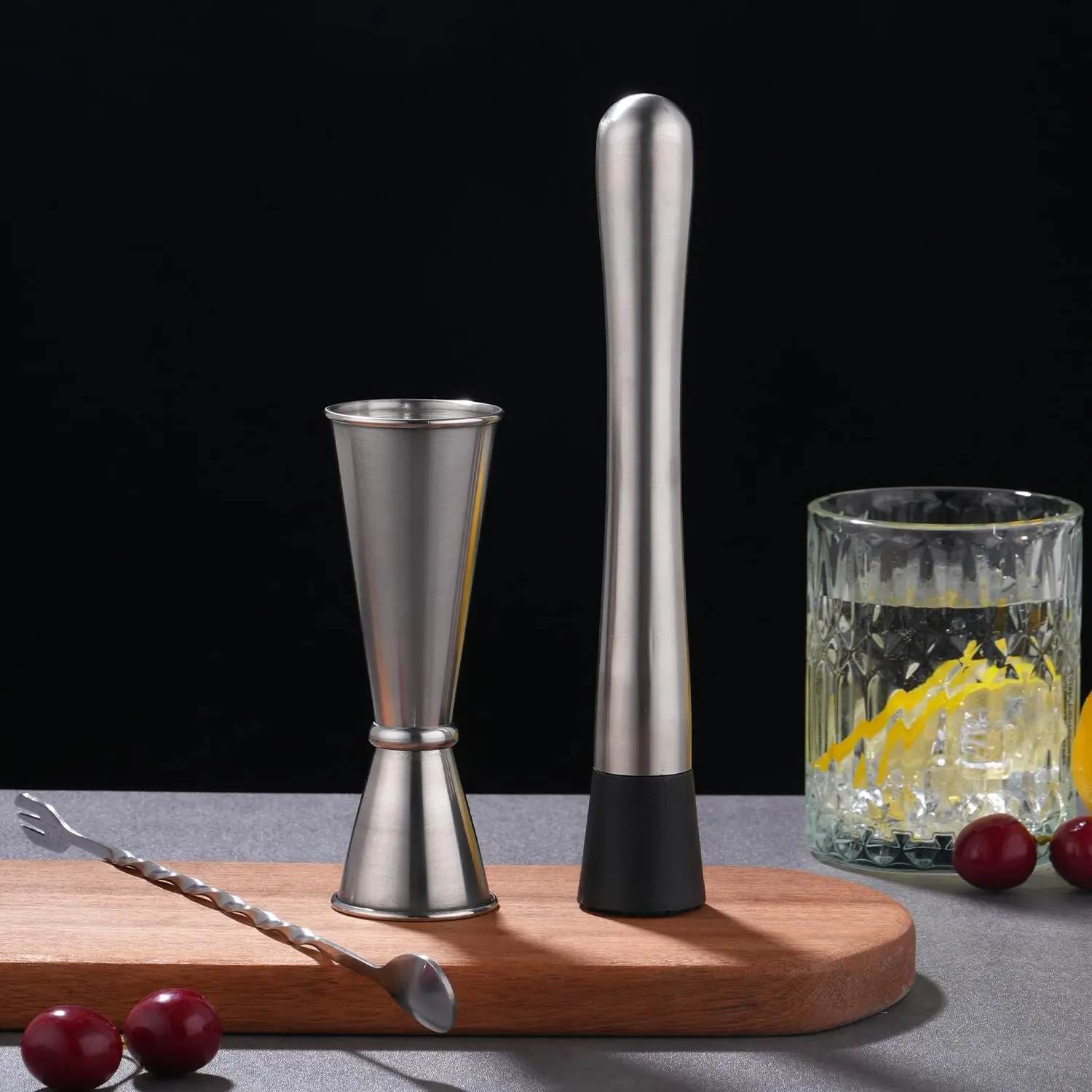 3-Piece Silver Cocktail Mixing Tool Set – Muddler, 10-Inch Bar Spoon & Double Jigger (1 oz / 2 oz) – Essential Drink Prep Set for Home Bartenders
