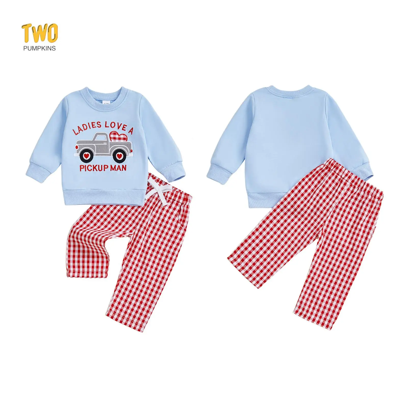 2pcs Toddler Baby Boy Spring Outfits Valentine's Day Truck Heart Print Crewneck Pullover Sweatshirt And Plaid Pants Set