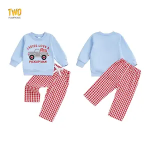 2pcs Toddler Baby Boy Spring Outfits Valentine's Day Truck Heart Print Crewneck Pullover Sweatshirt And Plaid Pants Set