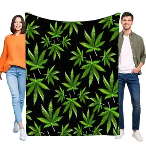 Vibrant Green Cannabis Leaf Blanket, Ultra Soft Flannel Fleece Weed Print Throw, Cozy Warm Bed Sofa Couch Home Decor Gift for Ad