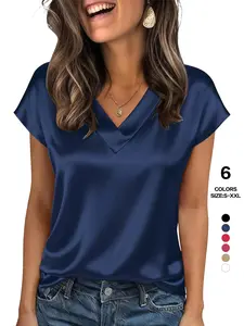 2026 Spring Summer Women's Satin V Neck Blouse, Short Sleeve Dolman Sleeve Silky Work Shirt, Loose Fit Basic Chic Elegant Business Casual Top for Office & Daily