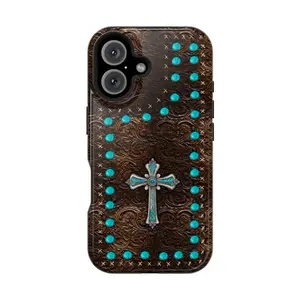 Faith Cross Phone Case – Durable Western Christian Cover, Artistic Turquoise Design, Magnetic iPhone 17 16 15 14 13 12 11
