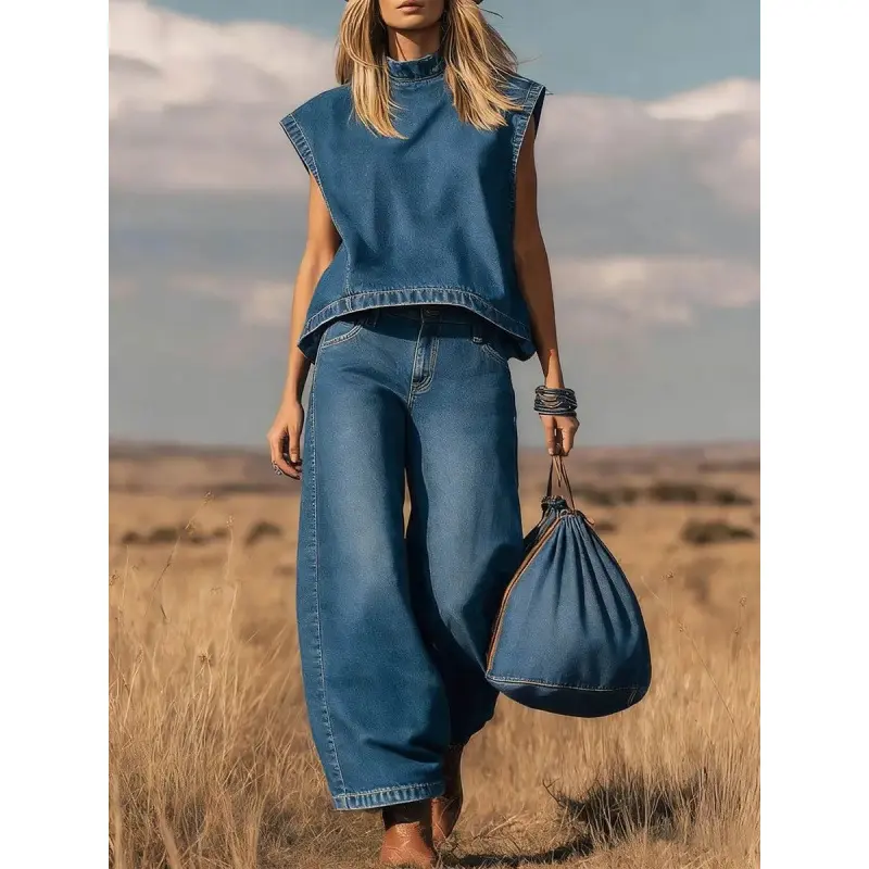 Oversized Relaxed Denim Two-Piece Set, Casual Holiday Outfit, Effortless Street Style for Women