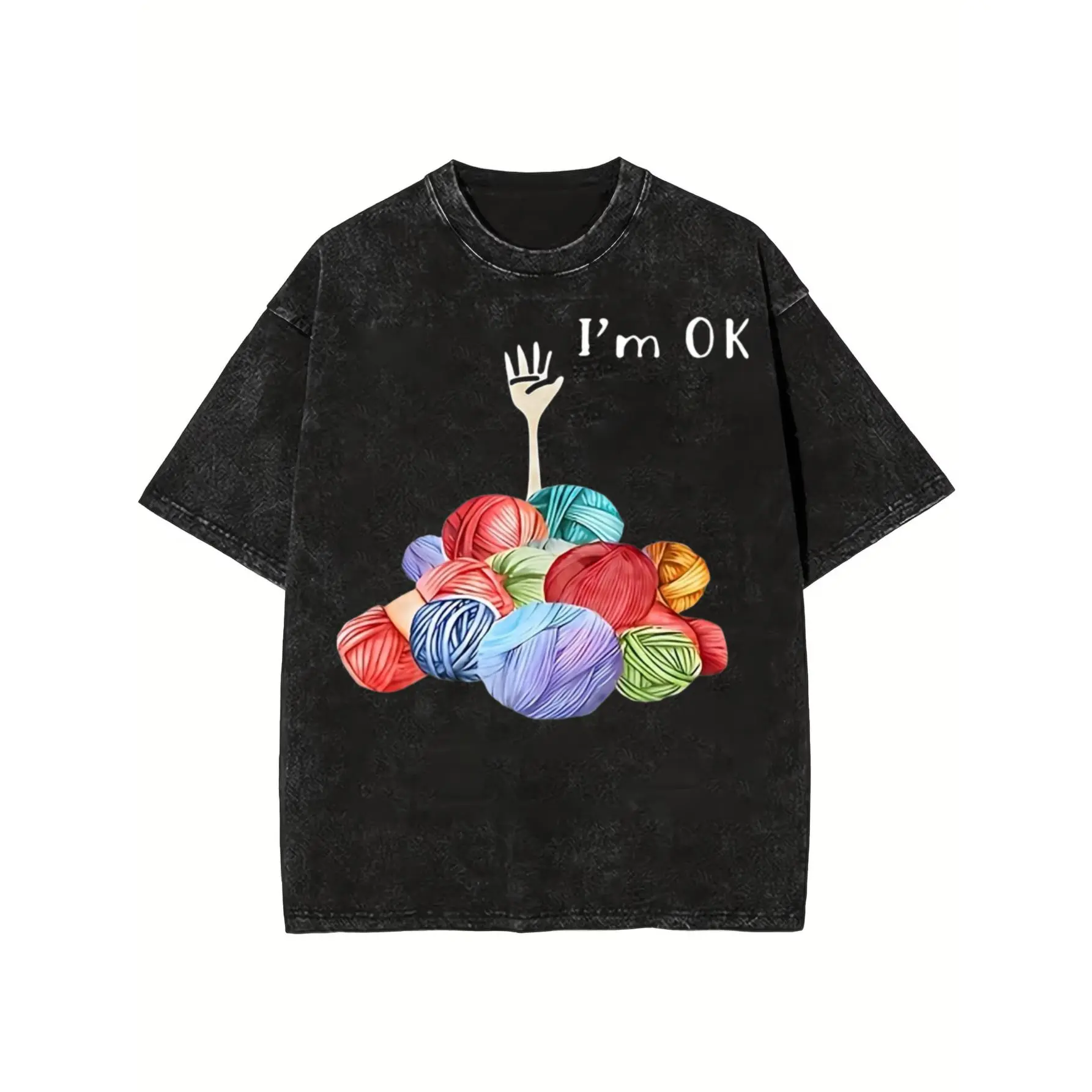 One 100 Percent Cotton Front Washed Fabric T Shirt Colorful Yarns And Hand Design I M Ok Print Unisex Casual Wear For Everyday Use 230g Perfect For Spring Summer Festivals And Daily Outfits