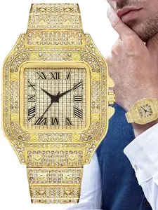 Men's Square Shape Face Analog Quartz Fashionable Wristwatch, Stainless Steel Strap with Diamond Accents, Roman Numerals, Single Fold Clasp, Gift Ready, Gift for Husband Dad Lover