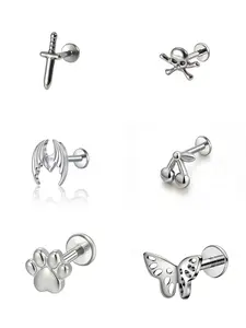Titanium Alloy Lip Studs Earrings Set, Cherry Sword Cat Pentagon Star Butterfly Bat Skull Head Piercing Jewelry, Unisex Body Accessories