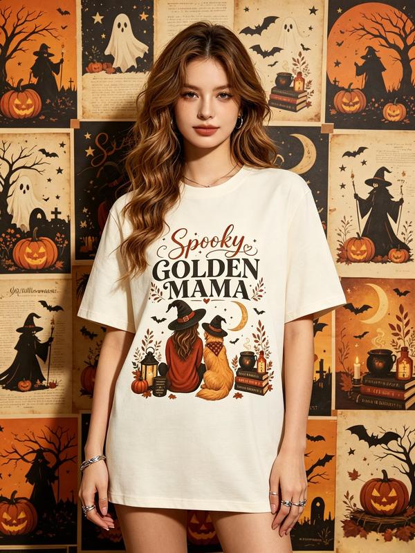 Women's Spooky Golden Mama Dog Mom Halloween Cotton Graphic T-Shirt - Fit Lady's Casual, Comfortable Printed Fabric Top