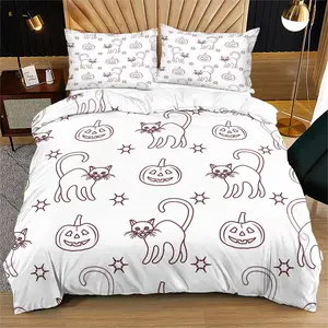 Kitten pumpkin head printed duvet cover, suitable for children's Halloween bedroom decoration gift, including 1 bed duvet cover and 1 or 2 pillowcases without duvet core and pillow core