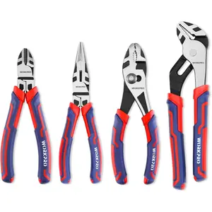 4-Piece Pliers Set - Premium CR-V Construction Tool Set Including Long Nose, Diagonal Cutting, Groove Joint and Slip Joint Pliers - Red