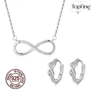 Earrings & Necklace Jewelry Set, 925 Sterling Silver Lucky Infinity Symbol Hoop Earrings And Necklace Adorned With CubicZirconia,Wedding/Engagement Bridal Gift For Women