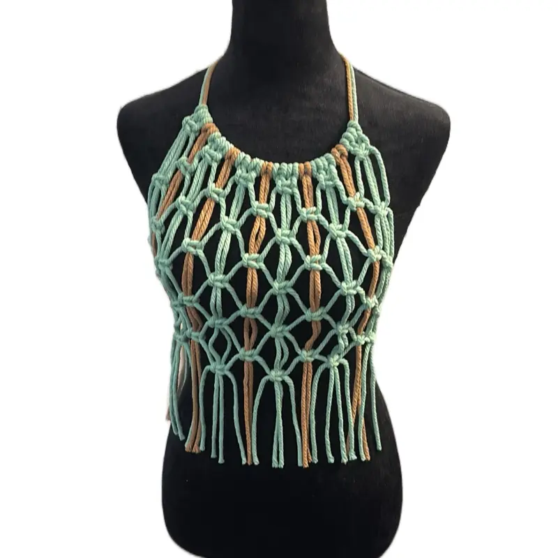 Macrame Halter Top - Aqua and brown Fringed Design  Soft Cotton Summer Elegance Fits Small Basic Style Piece Handcrafted for Versatility and Comfort