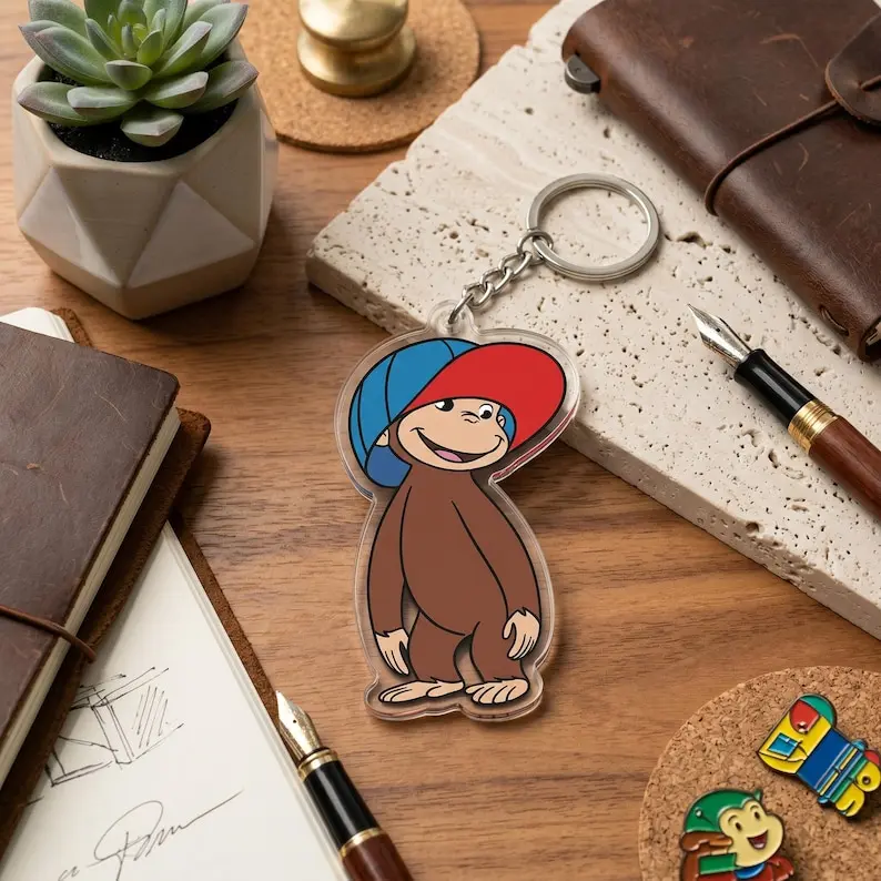 Cute Cartoon Monkey Keychain with Red Hat, Nostalgic Childhood Character Keyring, Playful Animal Acrylic Charm, Cute Kids Backpack Tag
