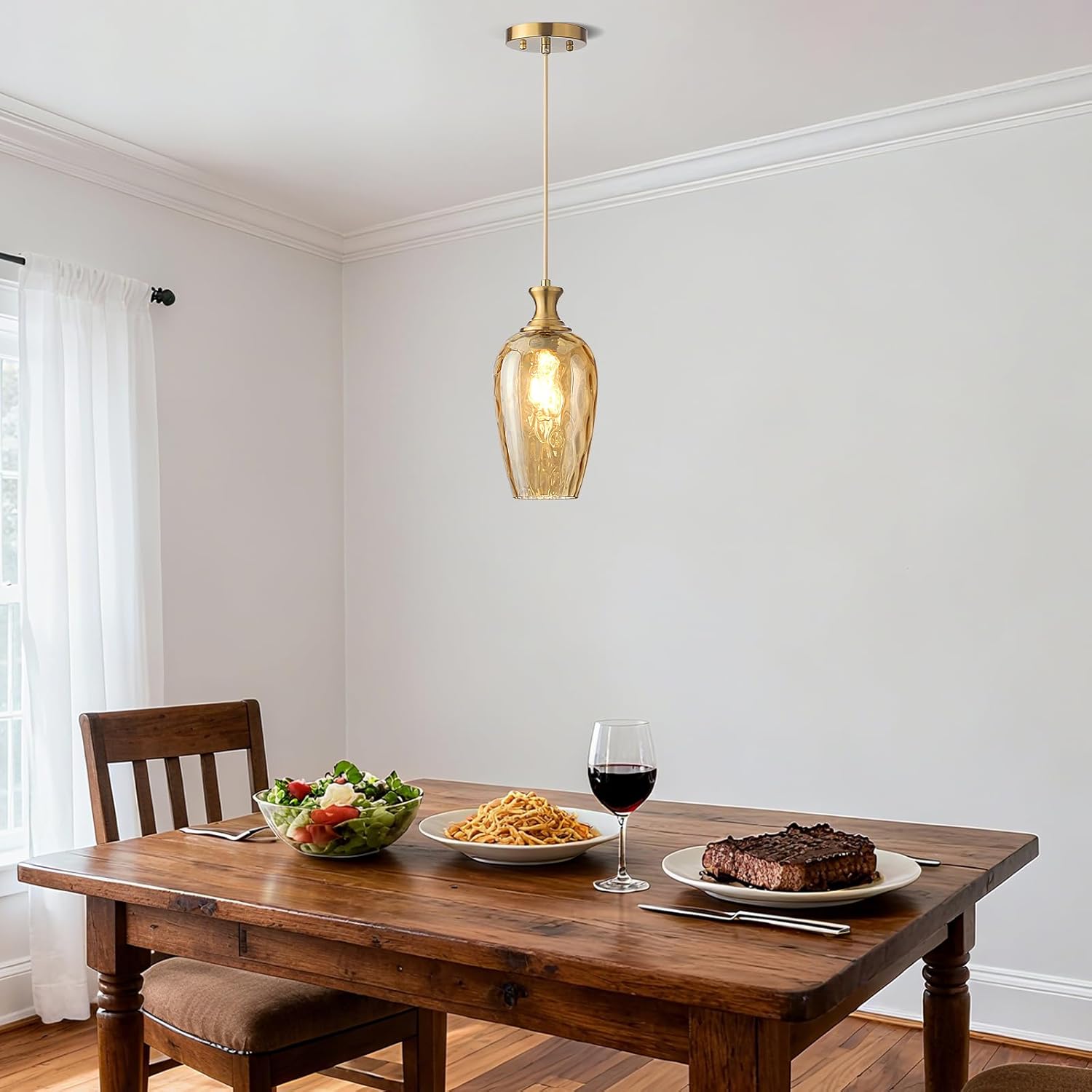 Glass Pendant Lights Kitchen Island, 1-Light Gold Pendant Light Fixtures with Hammered Amber Glass Vintage Hanging Light for Kitchen Sink Dining Room Bedroom