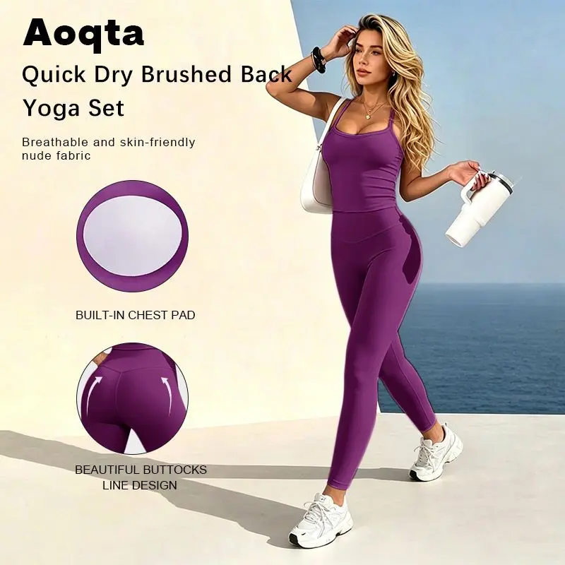 Aoqta Female Knitting 2-Piece Yoga Set - Sexy Backless U-Neck Solid Thin Spaghetti Strap Cropped Cami Tank Tops with Chest Pads, High Waist Tummy Control Butt-Lifting Workout Leggings, All Seasons, Machine Washable, Do Not Dry Clean, for Yoga, Daily Wear,