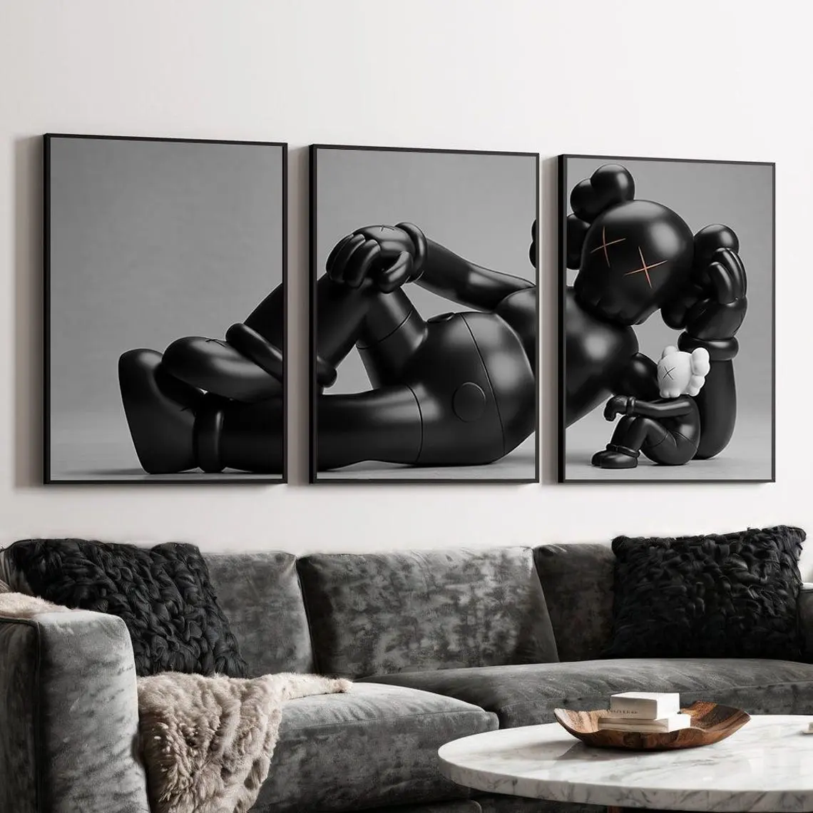 Hypebeast Wall Art Set of 3, Streetwear Room Decor, Urban Graffiti Artwork, Modern Minimalist Wall Art, Black Kaws Figure