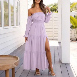 2026 New Women Boho Sexy Off Shoulder Long Sleeve Ruched High Waist Split Flowy A Line Tiered Maxi Dress