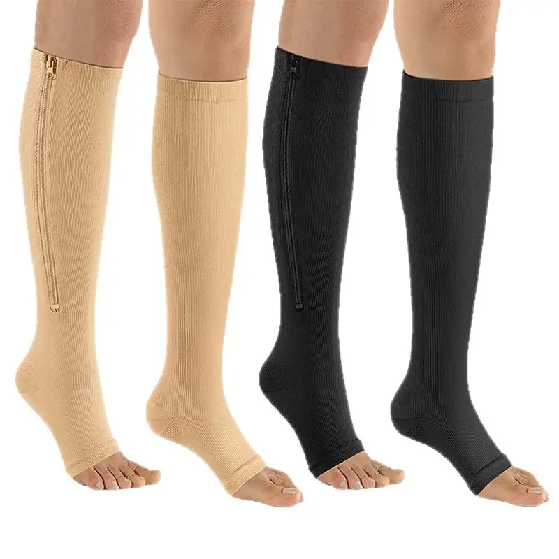 Plain Knee-High Compression Socks for Unisex Adults with Open Toe, Zipper, and Cushioned Support, Size S, Medical