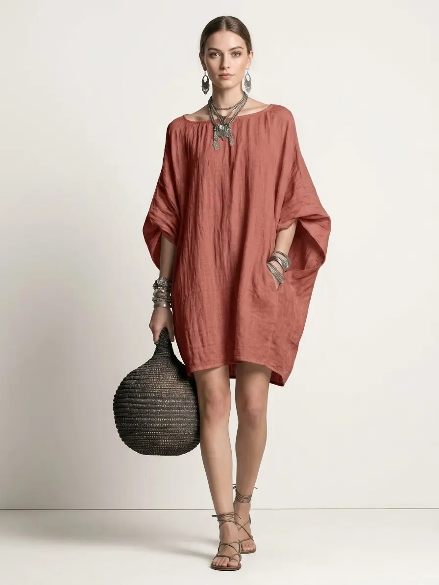 Women's Loose Fit Cotton Linen Crinkled Midi Kaftan Dress 2026 Spring Summer US Neutral Minimalist Solid, Round Neck, 3/4 Batwing Sleeves, Oversized Baggy Tunic, Wrinkle-Resistant Fabric, Pockets, Casual Beach Cover Up, XS-XXXL
