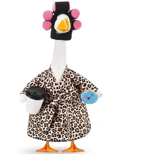 Shyyween Lady Porch Goose Outfit for 23'' Cement Plastic Lawn Goose Statue Clothes Bathrobe Coffee Cup Curlers for Outdoor Garden Yard Patio Decoration(Leopard Print Color)