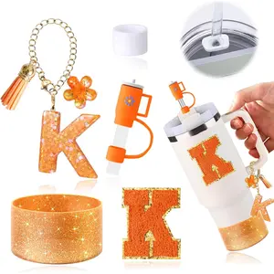 Stanley Cup Accessories Set 6 PCS, Including Letter Stickers, Letter Chains, Straw Caps, Cup Sleeves, And Spill Proof Stoppers, Orange, 30 Oz 40 Oz, Water Bottle Carrier Set(Cup Not Included)