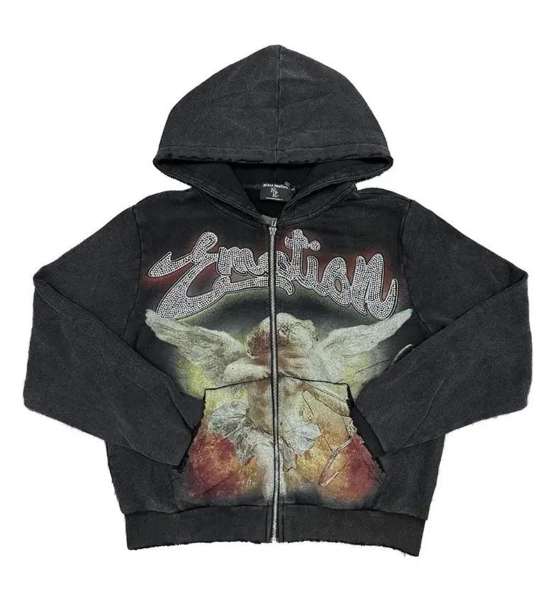 Mixed Emotions Rhinestone Hoodie Acid Wash Black – Vintage Graphic Zip Up Sweatshirt, Y2K Streetwear Hooded Jacket, Casual Unisex Fashion for Men & Women, Fall Winter Outfit
