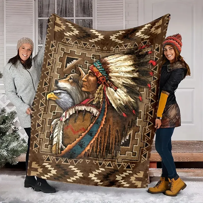 Comfortable Retro Indian Tribal Print Flannel Blanket - All Seasons Use, Reversible Polyester Fiber Chair Cover, Suitable for Office and Bed