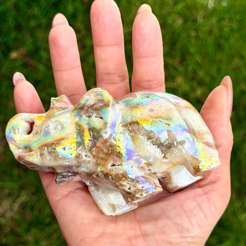 Aura Sphalerite Elephant Figurine - 10cm Luck & Protection Iridescent Crystal