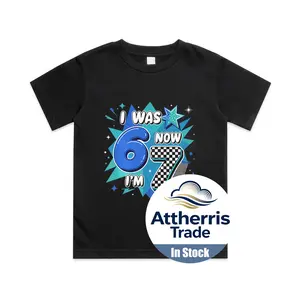 Blue Checkered I was 6 Now I'm 7 Birthday Boy Bday 6 7 Cotton T-shirt, Graphic Print Round Neck Short Sleeve Casual Tee for Boys Girls