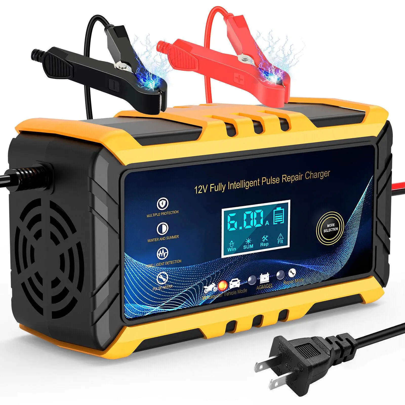 12V-24V 6A Smart Automotive Battery Charger & Maintainer, 100-240V AC Input, 3-Stage Charging, LCD Screen, Fan Cooling for Car, Boat, ATV Batteries, Lawn Mower