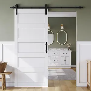 36in x 84in Sliding Barn Door with 6.6FT Barn Door Hardware Track Kit & Handle, Waterproof PVC Surface, Pre-Drilled Holes Easy to Assemble, Solid MDF White 5-Panel