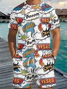 3D Digital Printed Two-piece Set with American Comic Explosion Bubble Print, 2Pcs, Trendy Fashion Suit, Trendy Retro Casual Two-piece Outfit, Vacation-style Trendy Wear, Breathable Sports Casual Style, Perfect Festival Gift for Men