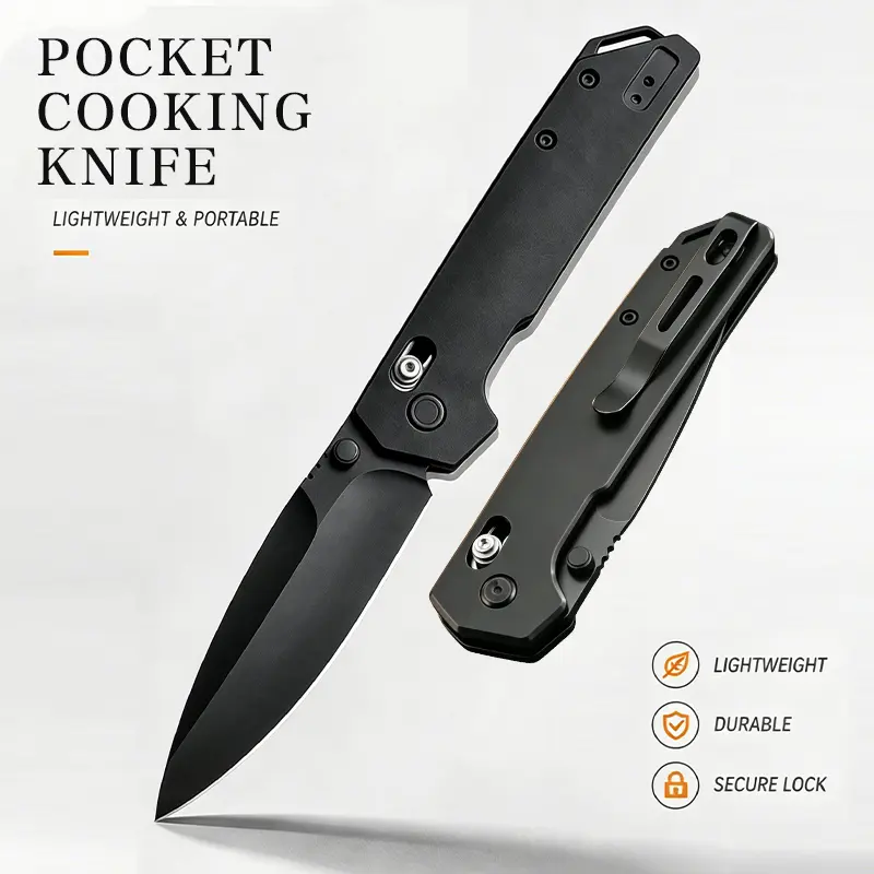 Ultra Sharp Folding Camping Kitchen Knife - High Hardness Stainless Steel Folding Blade, Smooth Button Lock, Matte Black EDC Tool, Pocket Clip, G10 Handle, Lightweight Camping Supplies for BBQ Meat Slicing, Multifunctional Outdoor Food Prep