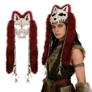 Party Animal Mask Viking Fox Costume Accessory Fake Fur Headpiece Cosplay Wolf Design Perfect for Halloween Festivals