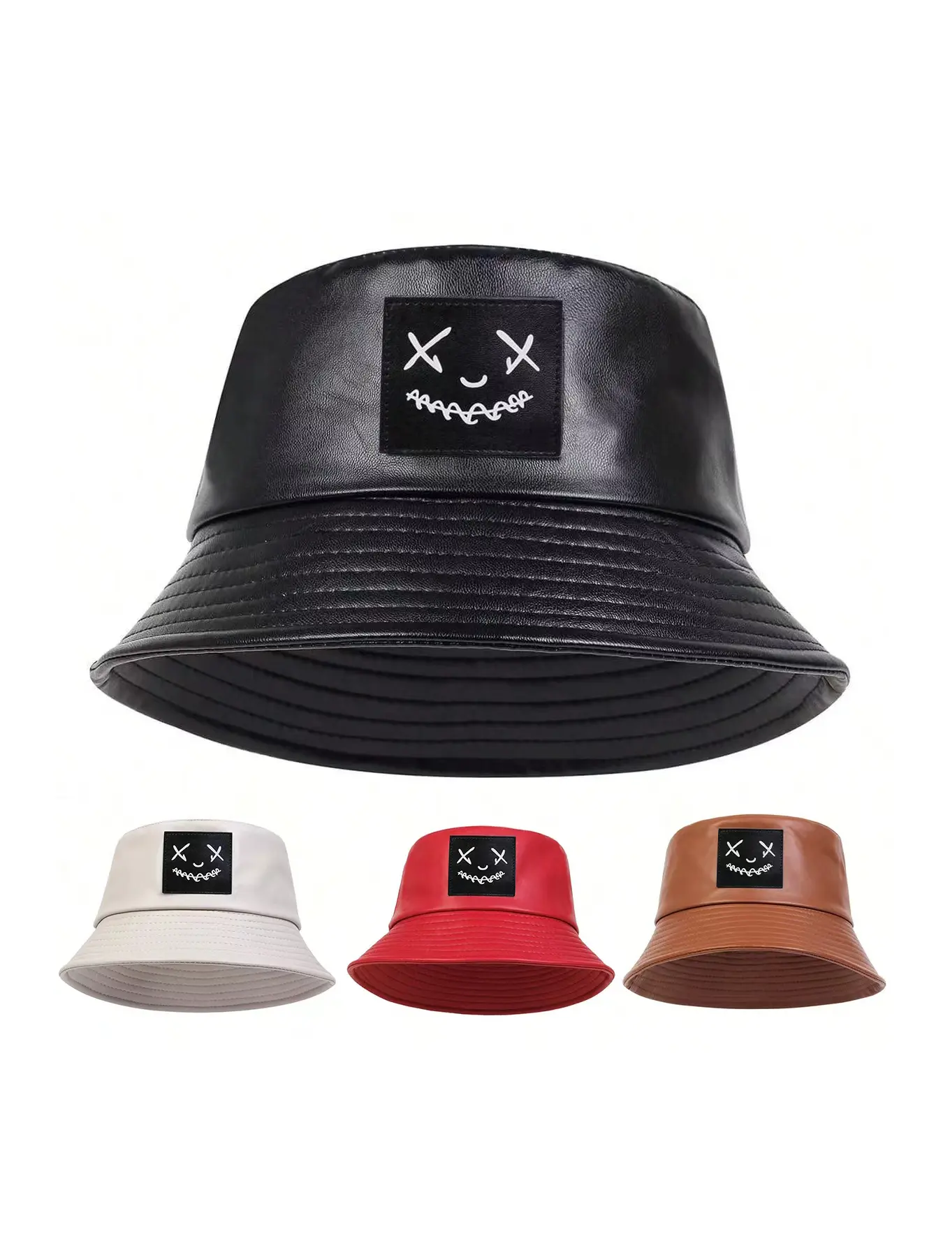 Unisex PU Leather Bucket Hat, Asymmetrical Design, Casual Fitted Sun Protection Cap, Sunscreen Hat, Spring & Fall Outdoor Travel Beach Vacation
