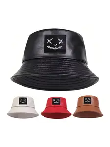 Unisex PU Leather Bucket Hat, Asymmetrical Design, Casual Fitted Sun Protection Cap, Spring & Fall Outdoor Travel Beach Vacation