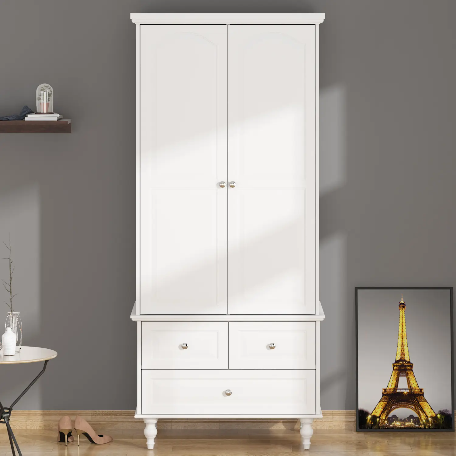 FUFU&GAGA Bedroom Wardrobe Cabinet with 2 Doors, Wood Armoire Closet with Hanging Rod, Wardrobe Closet with 3 Drawers & Multi-Shelves for Clothes Organize, White (19.7" D x 31.5" W x 70.9" H) Cupboard Furniture Storage
