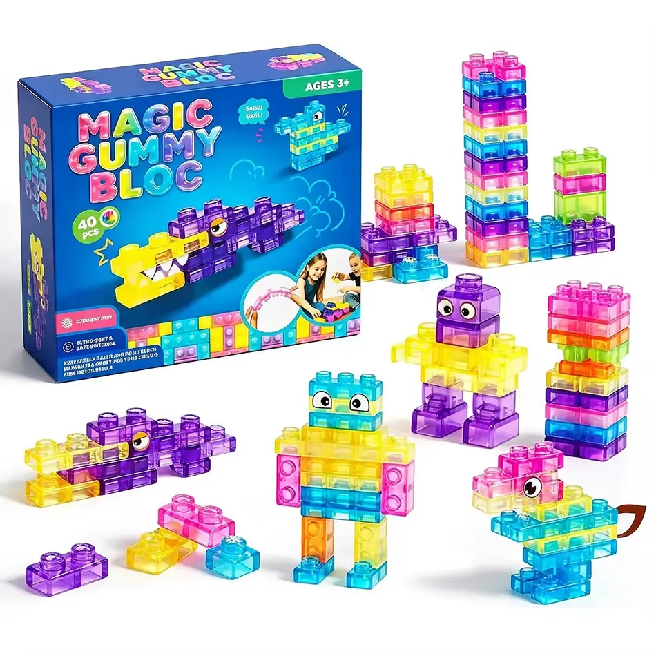 Unisex 60 Assorted Translucent Gummy Building Block Set - 100% Safe Ultra-Soft Soft Polymer, Bendable, Secure Click-Lock, Squishable Colorful Stacking Blocks, Stress Relief Sensory Toys for 3+ Years, Creative Play Birthday Gifts