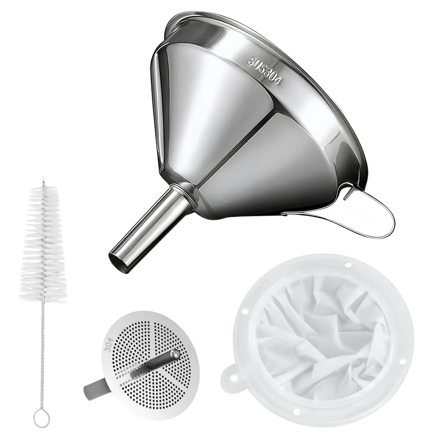 5 In Mouth Food Grade 18/8 Stainless Steel Sturdy Kitchen Funnel Set with Detachable 200 Mesh Filter Strainer, Handle, 0.63 Inch Stem - Handy Utility Tool for Filling Bottles, Fryer Oil - Home Improvement Kitchen Fixture