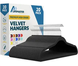 Lifemaster Velvet Non-Slip Plastic Hanger Set - 20 Pieces Non-Slip Clothes Hanger Set with 360° Swivel Hook, Space-Saving, Sleek Design, Smooth Velvet Finish, Lightweight Construction