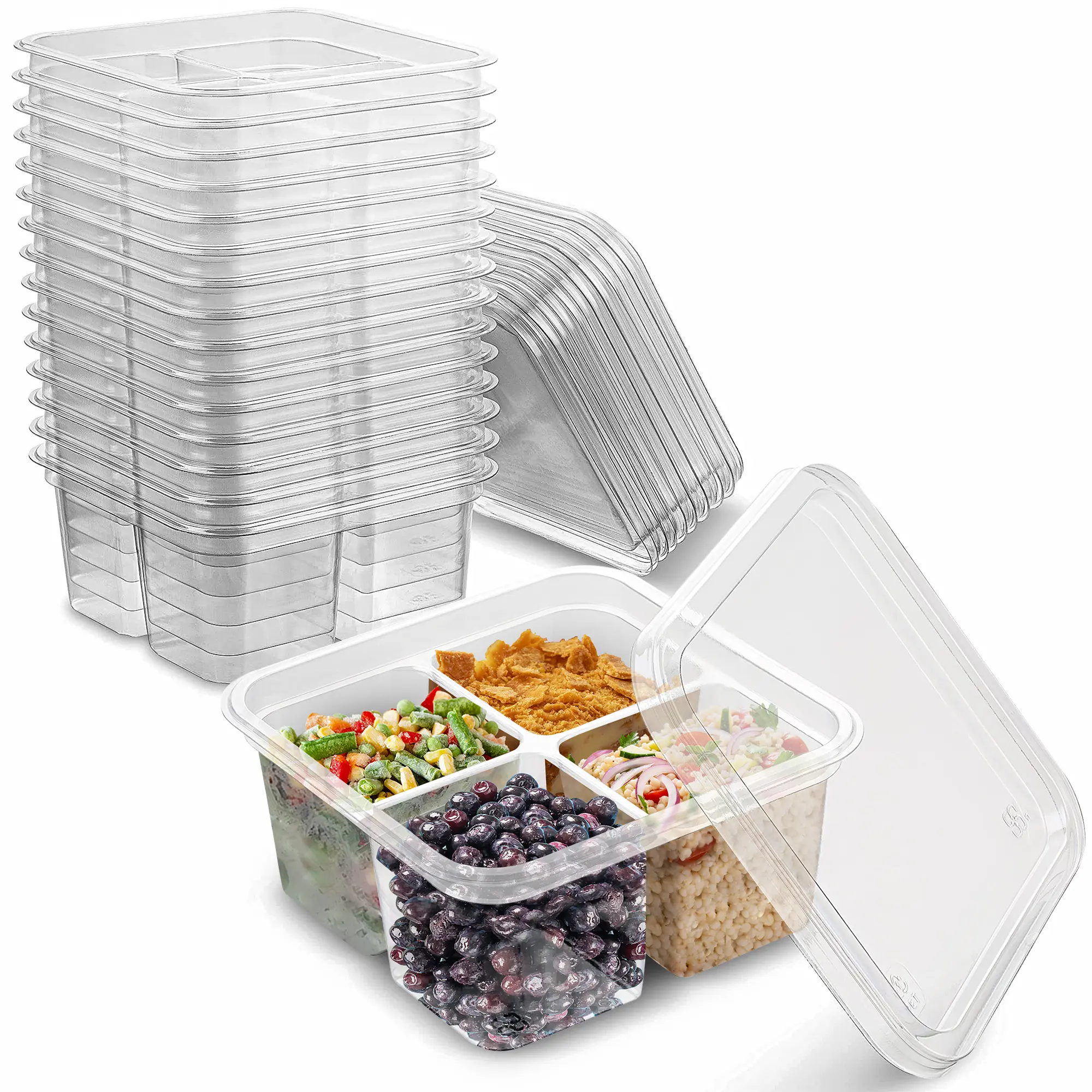 MT Products Clear Plastic 4-Compartment Snack Containers with Lids, 6" x 6" - Disposable Bento Food Storage Boxes