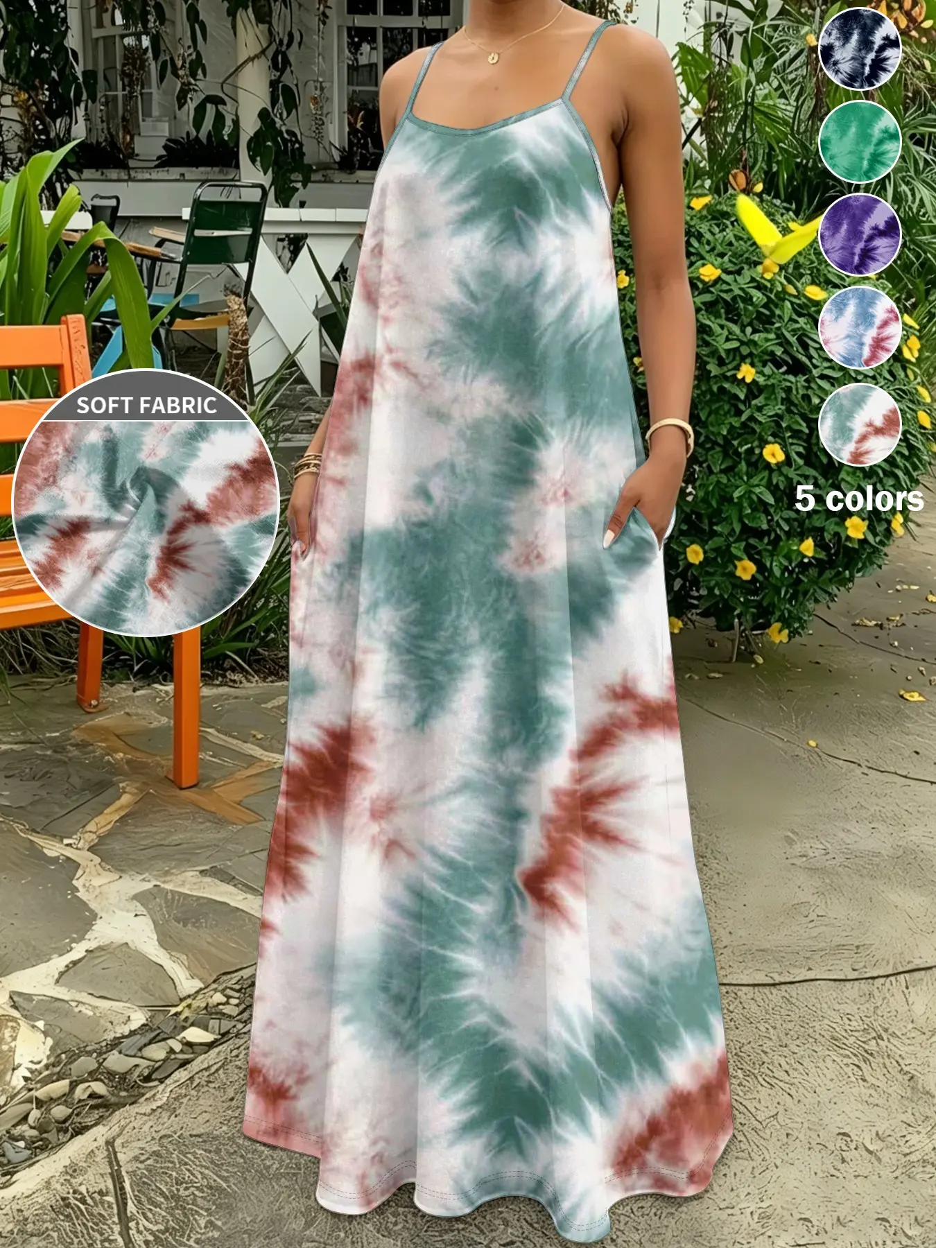 Plus Size Women's Tie Dye Long Dress, Casual Loose-Fitting with Pockets, 5 Colors Available, Perfect for Vacation/commute/daily Wear