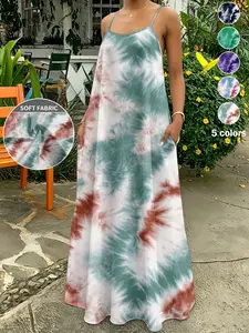 Plus Size Women's Tie Dye Halter Spaghetti Strap Sleeveless Long Dress, Loose-Fitting, Casual Style, Summer, with Pockets, 5 Colors Available, Perfect for Daily Wear