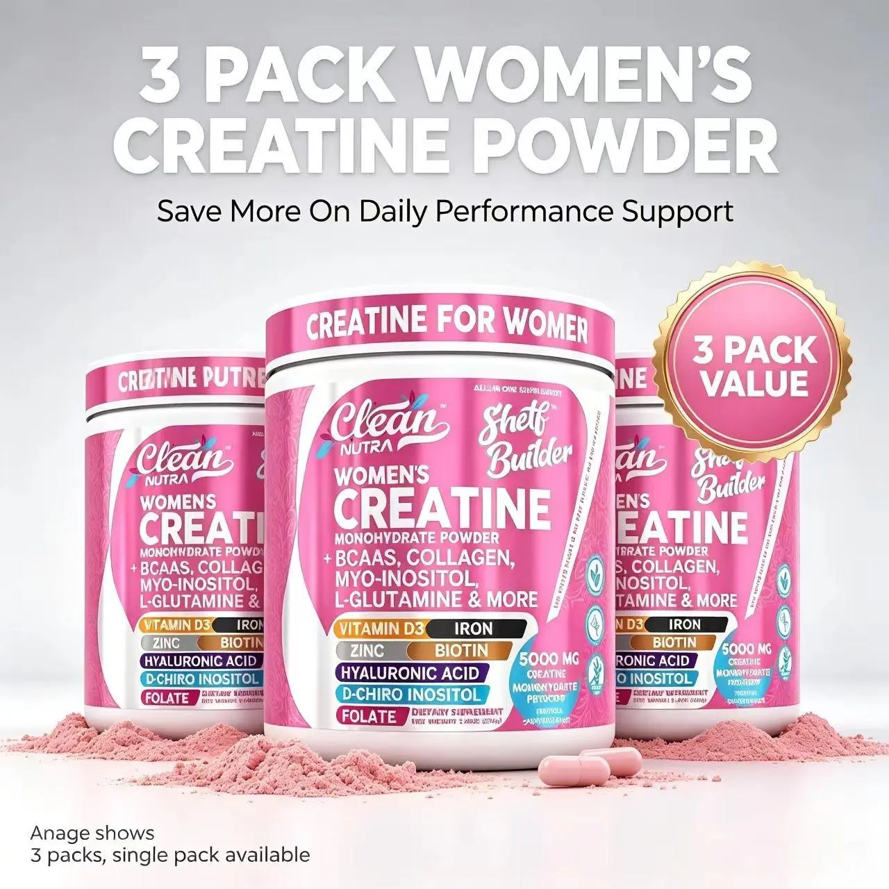 【3 pack】Clean Nutra Women's Creatine Monohydrate Powder with BCAAs, Collagen, Myo-Inositol, L-Glutamine, & More for Optimal Wellness & Beauty Support – Shelf Builder