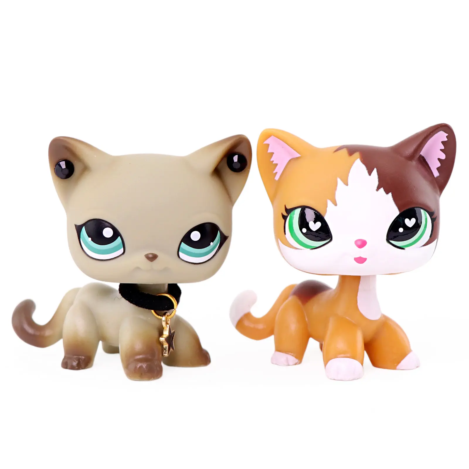 2 Pcs Mini Short Hair Cat Figurines Set, Cute Kitty Figures with Star Pendant Collar Accessory, Hand-Painted Collectible Pet Animal Statues, Mini Doll Gift for Kids Girls Birthday Party Favor